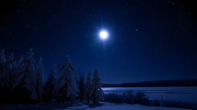 Bright full moon illuminates a dark, snowy winter landscape with frozen lake and forest - Powered by Adobe