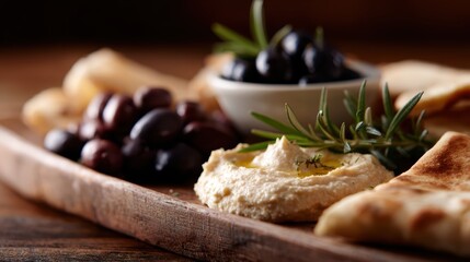 Mediterranean platter with hummus, olives, and pita bread, healthy eating theme
