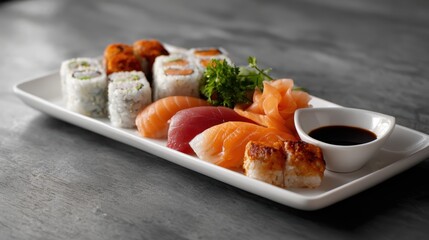 sushi platter with assorted rolls and sashimi, minimal design, clean presentation