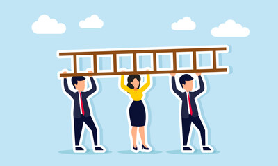 Obraz premium Business people working together to lift a ladder illustrating teamwork and collaboration to complete a business project