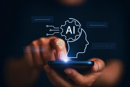 Artificial Intelligence Concept with Hand Interacting on Smartphone and Digital Brain Interface