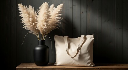 Blank canvas tote bag mockup with pampas grass in a black vase on rustic wood for sustainable branding and eco-friendly product presentations