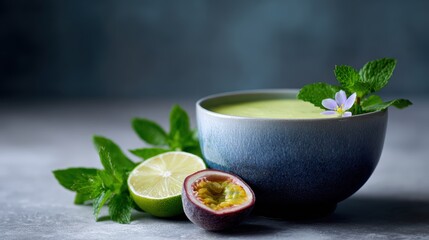 smoothie bowl and matching drink with tropical fruits, wellness and health theme