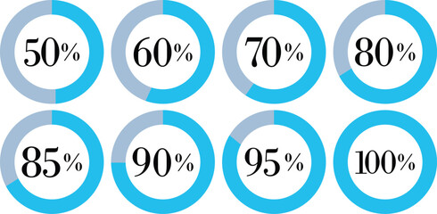 Infographic Circle with Percentage Icon set. Round diagrams icons for infographics from 0 to 100 percent collection.Design for dashboards, UI, reports, and analytics visuals. Vector illustration.