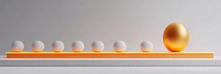 successful goal planning productivity concept Golden egg among white eggs on a minimalist display.