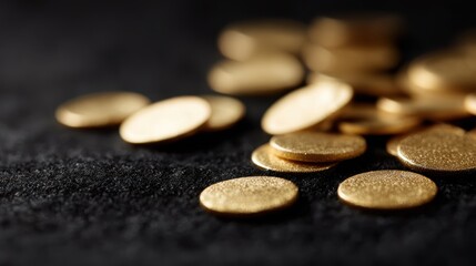gold coins scattered on dark background, rich tones, financial prosperity theme