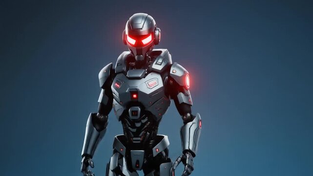 Futuristic robot standing with glowing red eyes and metallic body in a dark blue background, cyberpunk style, high-tech robot portrait, modern technology concept.
