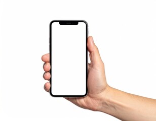 Hand holding blank-screen smartphone. Clean white background