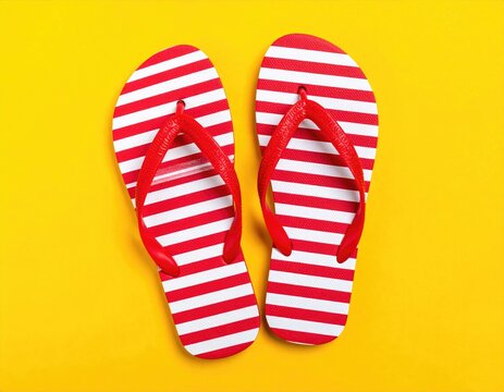 Striped flip-flops, red and white, on bright yellow ground - Powered by Adobe