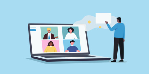 Virtual meeting presentation with diverse team on laptop screen illustration