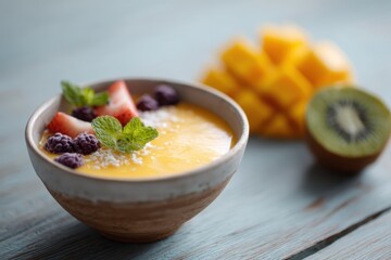 smoothie bowl and matching drink with tropical fruits, wellness and health theme