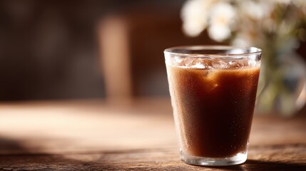 refreshing iced coffee in glass cup with condensation, cozy cafe setting, warm tones