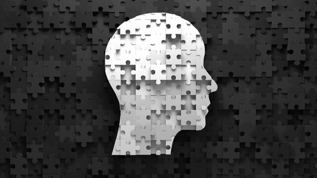 Human Head Puzzle Pieces Identity Concept solving mind complexity seamless loop 3D animation for mental health awareness, cognitive science research, and business problem-solving seminars