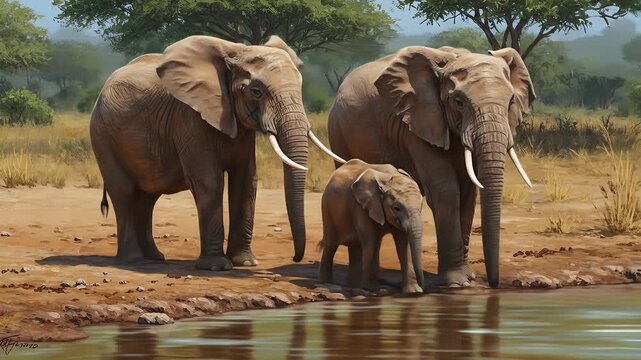 African Elephant Family Drinking Water at Savanna Watering Hole