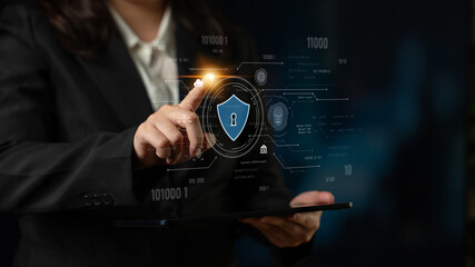 Cyber security interface with biometric and AI-powered protection system. Cyber security secures...