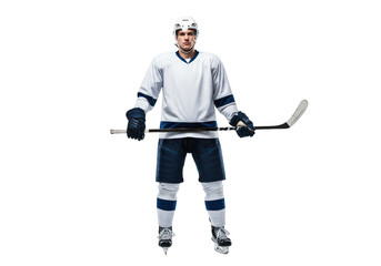 Hockey player holding stick isolated on transparent background