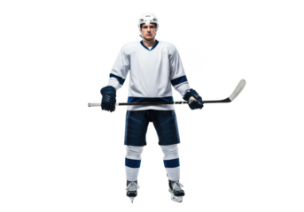 Hockey player holding stick isolated on transparent background