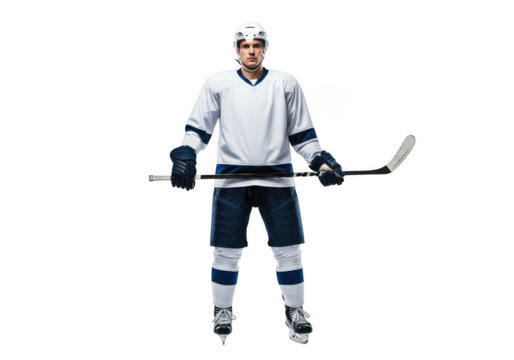 Hockey player holding stick isolated on transparent background