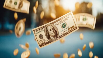 Cash Cascade: A hundred-dollar bill and gold coins rain down, embodying the concept of financial prosperity. Capture the moment with artistic finesse.