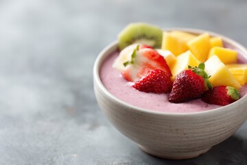 smoothie bowl and matching drink with tropical fruits, wellness and health theme