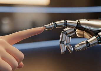 A human finger touches a robots metallic finger, symbolizing the connection between humanity and artificial intelligence