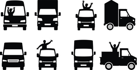 Truck and van silhouettes, people celebrating inside vehicles, transportation graphic icons, commercial vehicle illustration set, delivery trucks design elements for stock use