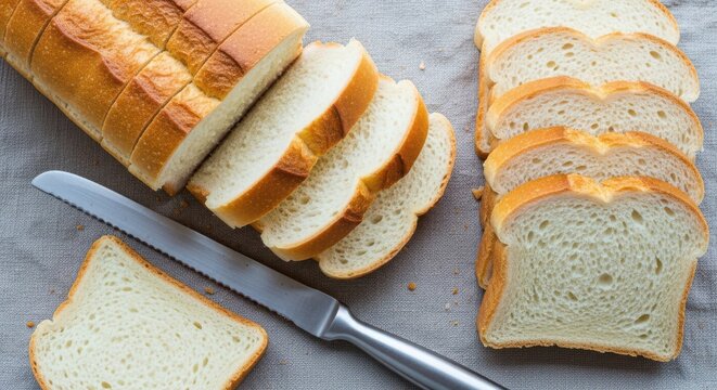 Freshly baked artisan bread sliced and ready to serve with a knife on a rustic surface
