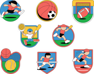 Dynamic collection of diverse athletic vector illustration badges and emblems representing various popular youth sports, including competition running, baseball, tennis, soccer, football, and basketba