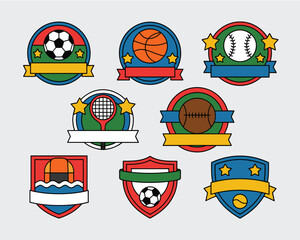 A vibrant collection of modern flat design vector sports badges and athletic emblems, featuring icons for major recreation activities like football, basketball, baseball, tennis, and water sports, per