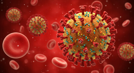 Advanced 3D rendering of a viral pathogen interacting with red blood cells in the bloodstream