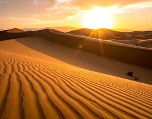 Sandy desert landscape at golden hour with sunlight bursting over dunes
