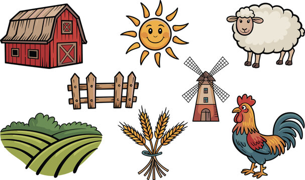 A comprehensive agriculture and farming elements illustration set featuring a traditional red barn, happy cartoon sheep, colorful rooster, vintage grain windmill, wooden picket fence, golden wheat she