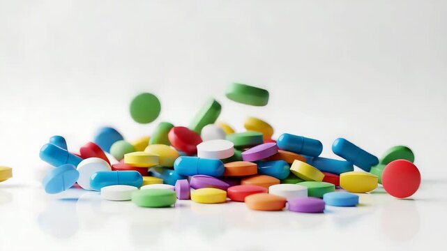 Colorful tablets and capsules falling and forming a pile on a reflective surface