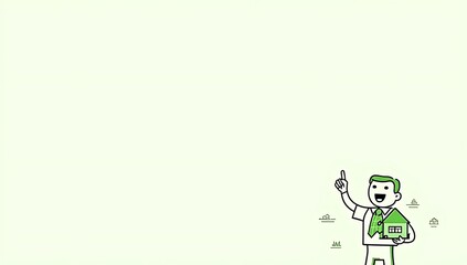 Fototapeta premium A clean minimal illustration of a designer holding a prototype eco-friendly packaging box while pointing upward to explain sustainable design. Green accents, flat line-art style, modern clipart for bu