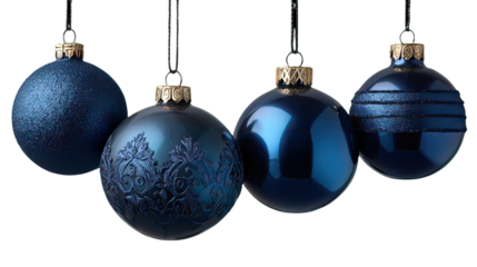 Four navy blue glass ornaments hanging with deep glossy tone on transparent background