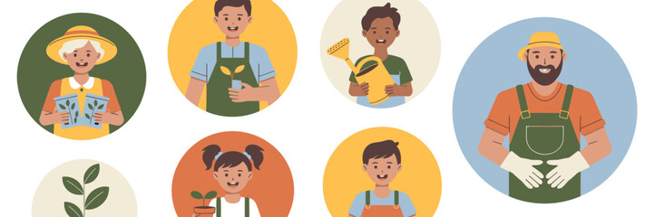 A diverse group of happy gardeners, agricultural workers, and smiling farm community members, including senior adults, young adults, teens, and children, holding seedlings, seeds, and planting tools,