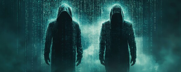 Code-driven cybersecurity systems with hacker silhouettes and programming languages. Information technology, ransomware, and cloud computing solutions for innovation in tech, Generative AI