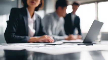 business team brainstorming in creative workspace, laptops and charts on table, modern technology, professional attire, dynamic composition