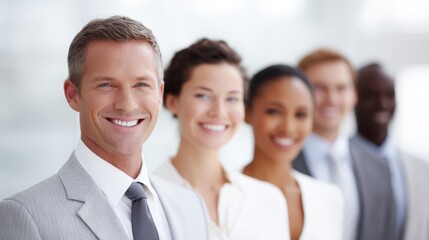 Fototapeta premium smiling professionals in modern office, teamwork and positivity, bright and clean design