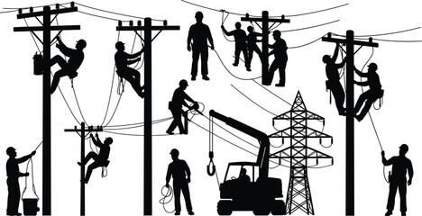 Electrical line workers with utility poles, bucket truck, and transmission tower, black silhouette vector illustration for power maintenance, infrastructure, or safety-themed stock image © stock i