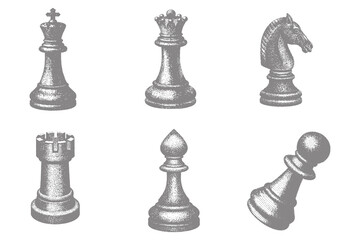 Retro chess pieces, king, queen, bishop, knight, rook, pawn illustration. Vintage chess pieces collection for engraving design. Eps 10