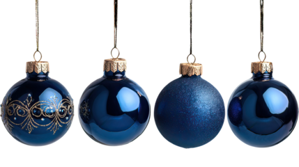 Four navy blue glass ornaments hanging with deep glossy tone on transparent background
