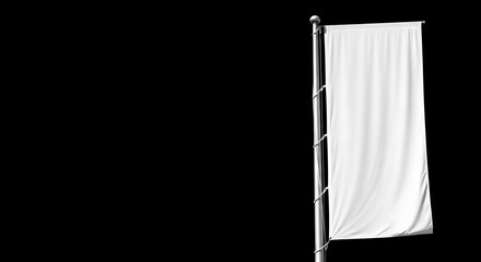 Isolated blank white vertical flag mockup with pole on black background ideal for branding and advertising promotions presentation