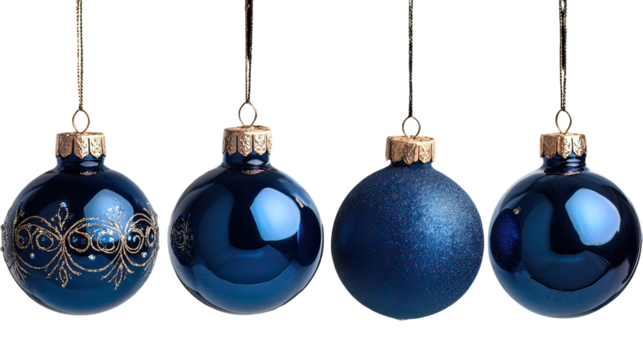 Four navy blue glass ornaments hanging with deep glossy tone on transparent background