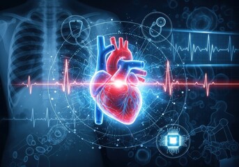 Digital human heart with medical technology interface, ecg waveform, and diagnostic data for cardiology and health