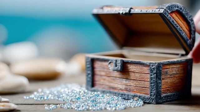 Treasure Chest and Diamonds: A wooden chest, weathered with time, stands ajar, spilling forth a cascade of sparkling diamonds. A hand gently touches it.