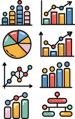 Comprehensive collection of modern, cartoonish data visualization icons displaying business analytics and financial metrics, featuring trending bar graphs, upward-moving line charts, pie diagrams, and