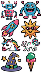 Vibrant kawaii sticker collection of fun graphic elements including a pink and blue futuristic robot, happy monster, space transportation rocket, fantasy unicorn, smiling sun icon, tasty dessert ice c