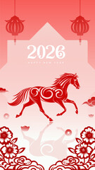 Chinese style paper cut festive atmosphere Horse Spring Festival poster