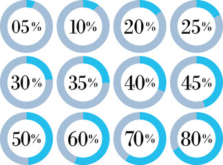 Infographic Circle with Percentage Icon set. Round diagrams icons for infographics from 0 to 100 percent collection.Design for dashboards, UI, reports, and analytics visuals. Vector illustration.